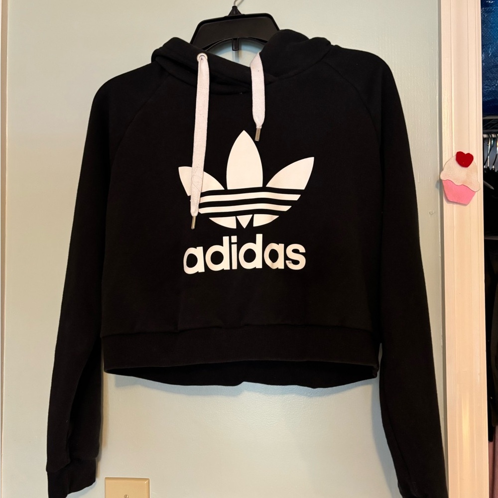 Crop-length Adidas Black Hoodie with White Logo